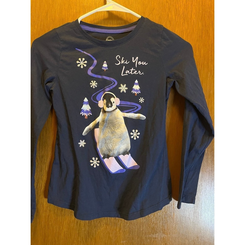 Wonder Nation Girls Navy Ski You Later Penguin Graphic Long Sleeve Tee L 10-12